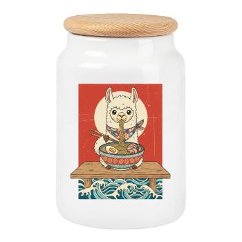 Kawaii Llama Ramen Noodles - Cookie Jar with Wooden Lid - white - Front