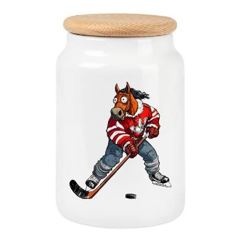 Cheval de hockey sur glace - Boîte à biscuits avec couvercle en bois - blanc - Devant