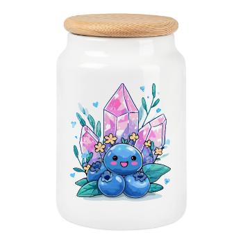 Kawaii Crystal Berry with Gemstone Flowers - Cookie Jar with Wooden Lid - white - Front