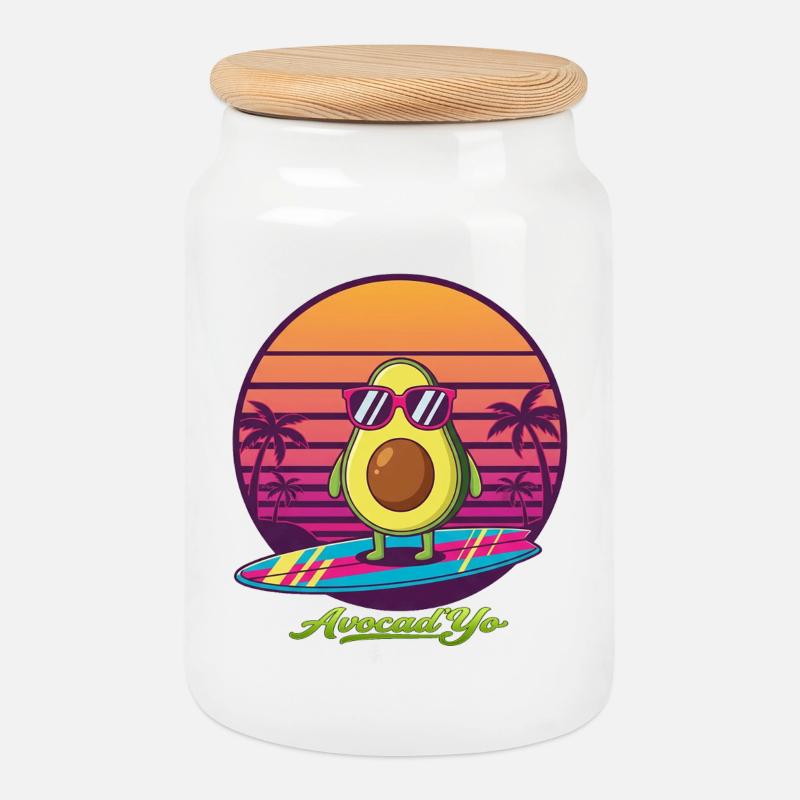 Avocado-Surf vor Retro-Sunset - Keksdose mit Holzdeckel - Weiß