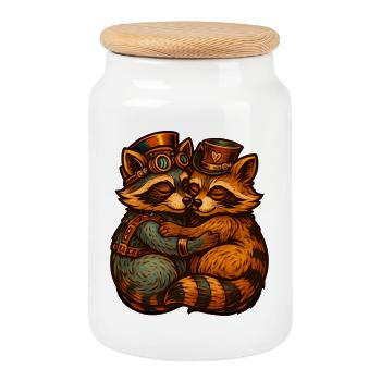 Steampunk-Fuchsduo Umarmung - Keksdose mit Holzdeckel - Weiß - Vorne