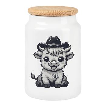 Cow with cowboy hat cartoon - Cookie Jar with Wooden Lid - white - Front