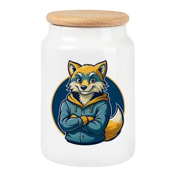 Arktischer Fuchs Kawaii Maskottchen Cartoon Clipart-Logo - Keksdose mit Holzdeckel - Weiß - Vorne
