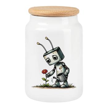 Robot watering a flower - Cookie Jar with Wooden Lid - white - Front
