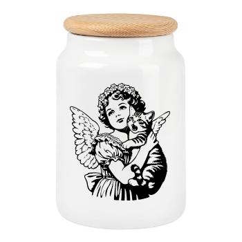 Angel with Cat – Cherub Vintage Illustration - Cookie Jar with Wooden Lid - white - Front