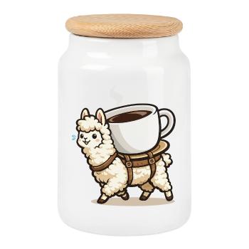 Coffee Llama Carrying Design - Cookie Jar with Wooden Lid - white - Front