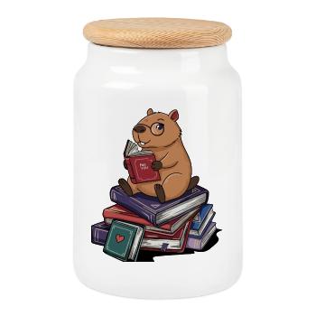 Bookworm Capybara Rodent Reading Books Art - Cookie Jar with Wooden Lid - white - Front