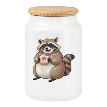 Donut-loving raccoon kawaii - Cookie Jar with Wooden Lid - white - Front