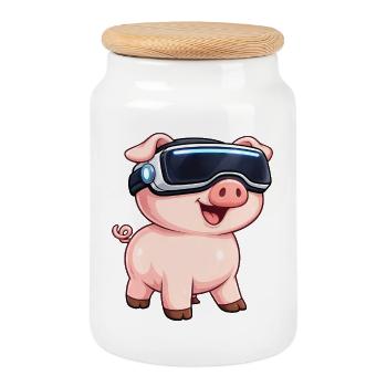 Mignonne Pig Farm VR Gamer Dessin animé Gamer - Boîte à biscuits avec couvercle en bois - blanc - Devant