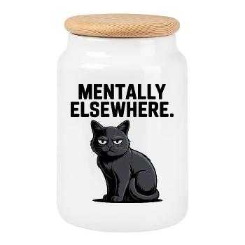 Mentally Elsewhere Cat Tee - Cookie Jar with Wooden Lid - white - Front