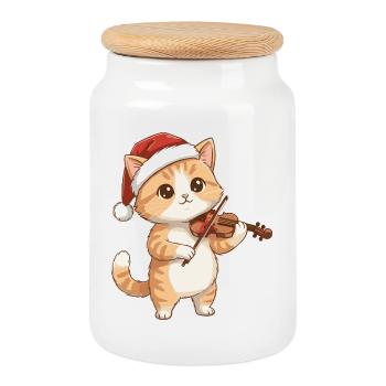 Christmas Cat Kitten Playing Violin Art - Cookie Jar with Wooden Lid - white - Front