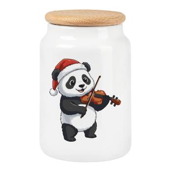 Christmas Panda Bear Playing Violin Art - Cookie Jar with Wooden Lid - white - Front