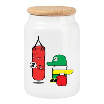 Cartoon Boxing Duo: Bold Bag Mascot - Cookie Jar with Wooden Lid - white - Front