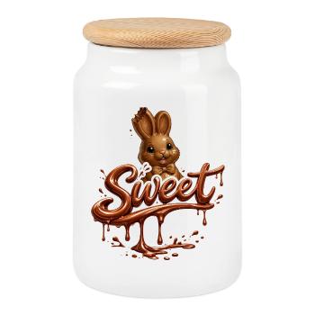 Schoko Hase mit Sweet Schriftzug - Keksdose mit Holzdeckel - Weiß - Vorne