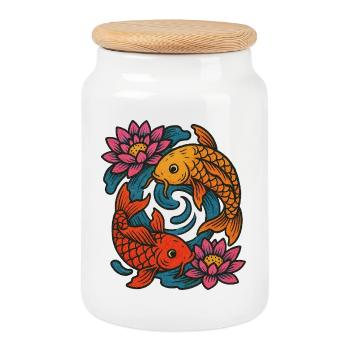 Conception circulaire de la carpe koï et du lotus - Boîte à biscuits avec couvercle en bois - blanc - Devant