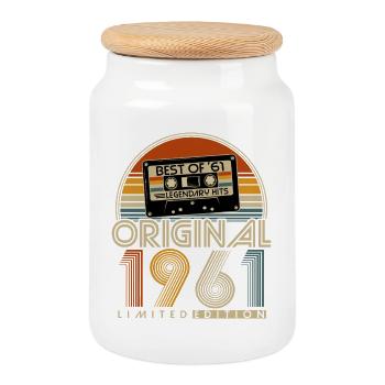 Cadeau d’anniversaire original rétro vintage de 1961 - Boîte à biscuits avec couvercle en bois - blanc - Devant