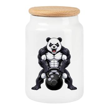 Panda Kettlebell Fitness Workout Cartoon  - Keksdose mit Holzdeckel - Weiß - Vorne