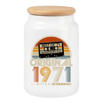 Cadeau d’anniversaire original rétro vintage de 1971 - Boîte à biscuits avec couvercle en bois - blanc - Devant