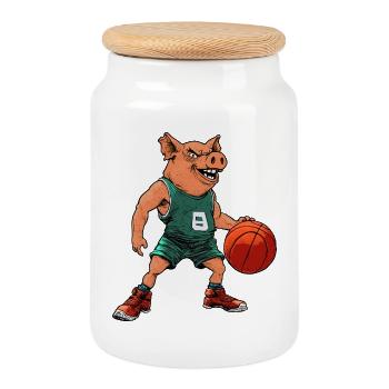 Joueuse de basket-ball Pig / Truie de basket-ball - Boîte à biscuits avec couvercle en bois - blanc - Devant