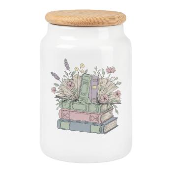 Vintage Stack of Books with Flowers for Book Lovers - Cookie Jar with Wooden Lid - white - Front