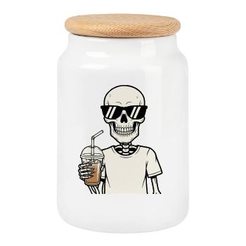 Eiskaffee Skelett Sonnenbrille Kaffeejunkie - Keksdose mit Holzdeckel - Weiß - Vorne