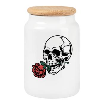 Rockabilly Skull – Rose Statement Gothic Love - Cookie Jar with Wooden Lid - white - Front
