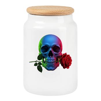 Neon Totenkopf mit Rose Gothic Design - Keksdose mit Holzdeckel - Weiß - Vorne