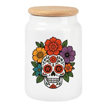 Flower Sugar Skull in Dia de los Muertos Style - Cookie Jar with Wooden Lid - white - Front