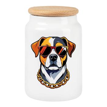 Cool Dog with Sunglasses and Gold Chain Doglife - Cookie Jar with Wooden Lid - white - Front