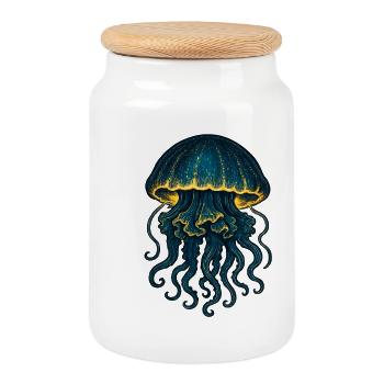 Blue Yellow Jellyfish Neon - Cookie Jar with Wooden Lid - white - Front