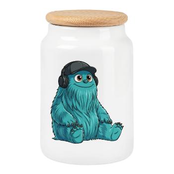 Monster Fluffonster® - DJ Fluffo s’assoit - Boîte à biscuits avec couvercle en bois - blanc - Devant