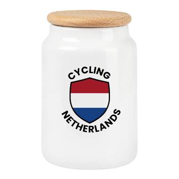 Dutch Bicycle Crest - Cookie Jar with Wooden Lid - white - Front
