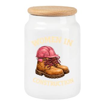 Women in Construction Work Boots and Construction Helmet - Cookie Jar with Wooden Lid - white - Front