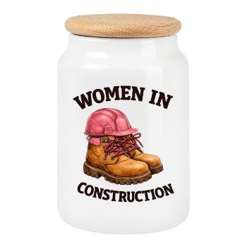 Women in Construction Work Boots and Construction Helmet - Cookie Jar with Wooden Lid - white - Front