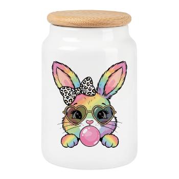 Niedlicher Regenbogen Hase mit Sonnenbrille - Keksdose mit Holzdeckel - Weiß - Vorne