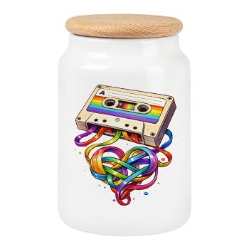 Cassette rétro avec un arc en forme de cœur - Boîte à biscuits avec couvercle en bois - blanc - Devant