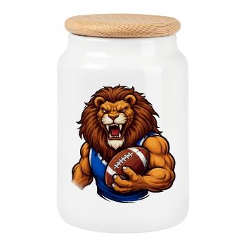 Lion Football Mascot - Cookie Jar with Wooden Lid - white - Front