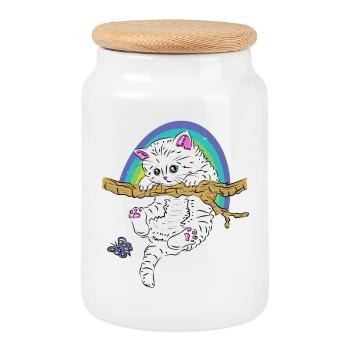 Katze auf Ast spielt mit dem Schmetterling - Keksdose mit Holzdeckel - Weiß - Vorne