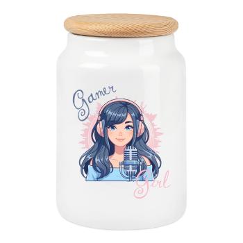 Kawaii Gamer Girl – Cute Anime Streamer Motif - Cookie Jar with Wooden Lid - white - Front