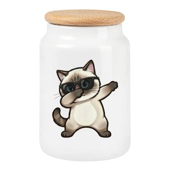Dabbing Siamese Cat - Cookie Jar with Wooden Lid - white - Front