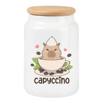 Capyccino Capybara Kaffee Motiv - Keksdose mit Holzdeckel - Weiß - Vorne