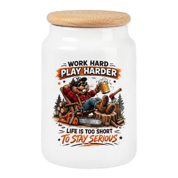 Travailler dur, jouer, plus dur, bûcheron - Boîte à biscuits avec couvercle en bois - blanc - Devant