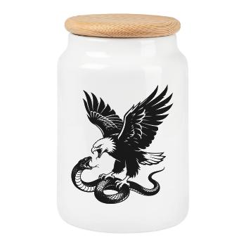 Eagle vs Snake Silhouette - Cookie Jar with Wooden Lid - white - Front