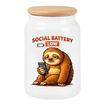 Sloth Social Battery Low - Cookie Jar with Wooden Lid - white - Front