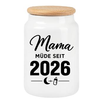 Mama müde seit 2026 süßes Baby Statement - Keksdose mit Holzdeckel - Weiß - Vorne