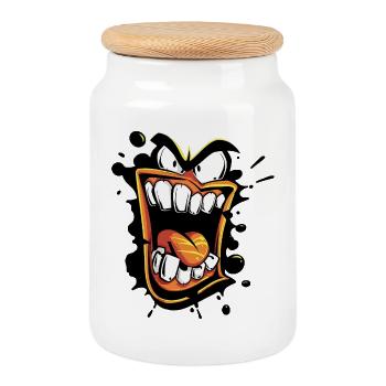 Orange large opened yelling mouth with crazy look - Cookie Jar with Wooden Lid - white - Front