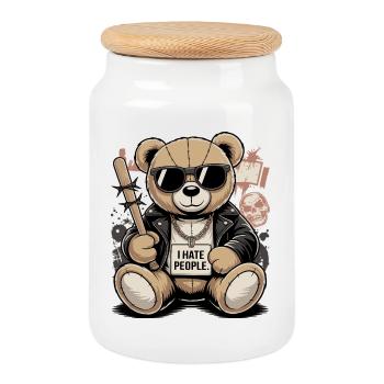 Bad Teddy – I Hate People Bär Design - Keksdose mit Holzdeckel - Weiß - Vorne