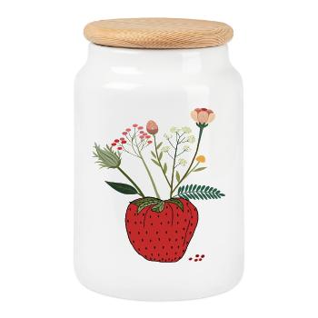 Strawberry with flower bouquet - Cookie Jar with Wooden Lid - white - Front