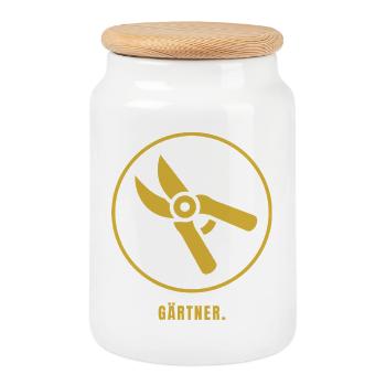 Minimalistisches Gärtner Design Gold  - Keksdose mit Holzdeckel - Weiß - Vorne
