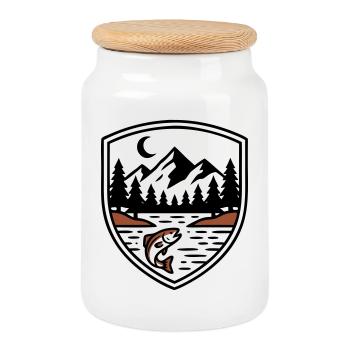 Berge Wald Fisch Schild Logo - Keksdose mit Holzdeckel - Weiß - Vorne